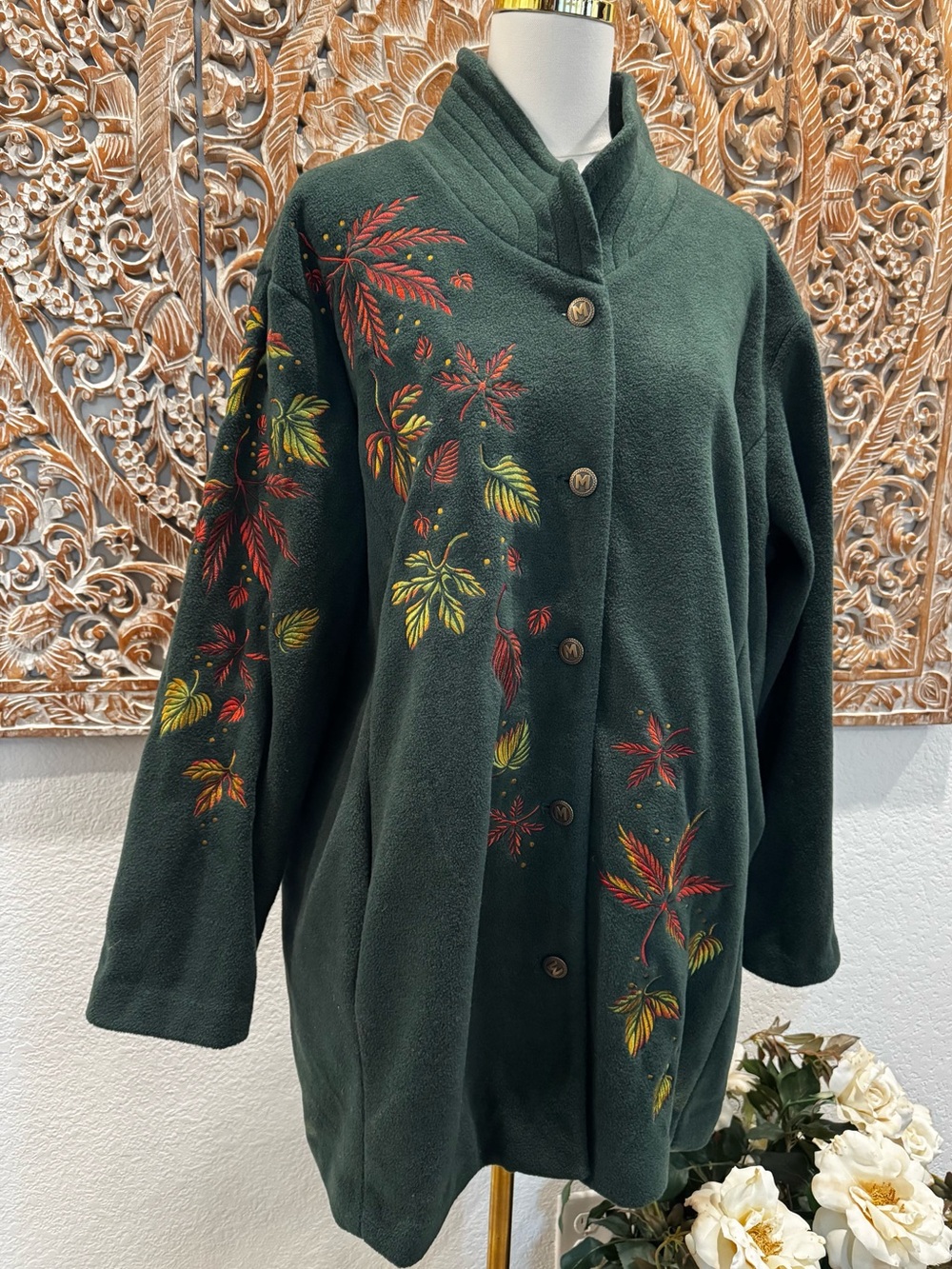 Bob Mackie Dark Green Fall Leaves Embroidered Fleece Button-Up Sweater Jacket 2X - Picture 4 of 14